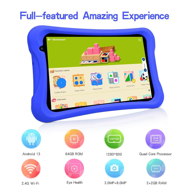 8 inch Kids Tablet, Quad Core Android Tablet, 64GB, WiFi, Bluetooth, Dual Camera, Educationl, Games,Parental Control, Kids Software with Kids-Tablet Case(Blue)
