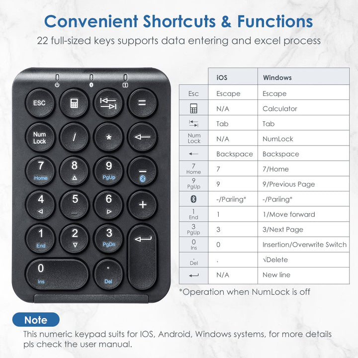SANWA Bluetooth Numeric Keypad, Rechargeable Wireless Ten Key Number Pad, 22-Key Portable &amp; Slim Financial Accounting Numpad for Laptop Computer, Compatible with MacBook, Windows, Android, iOS, Black