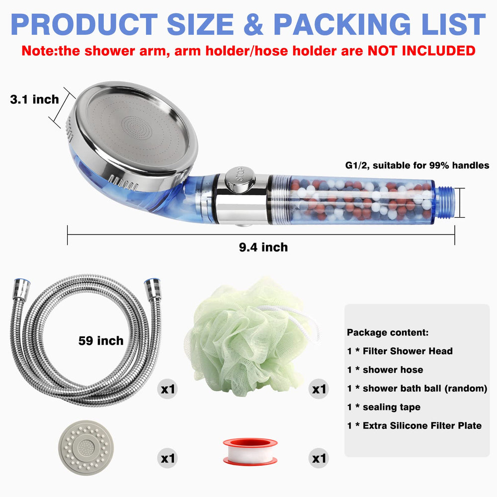 Modern Shower Head with Hose, 4 Spray Settings, 30% Water Saving, Mineral Stone Beads Filtration, 60 Long