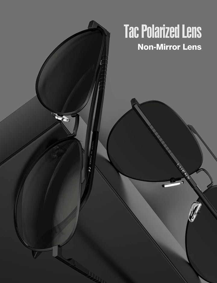 Aviator Sunglasses for Men Womens Polarized Driving Shades Black Lens Black Metal Frame Classic Style 60mm