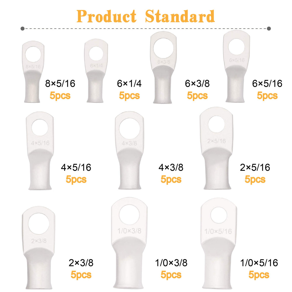 Tinned Copper Battery Ring Terminal Connectors,UL Listed AWG8-1/0 Cable Wire Lugs Ends Assorted 10 Sizes Kit-50PCS,Marine Grade Wiring Eyelets