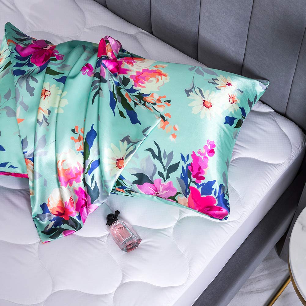 Queen Satin Silk Pillowcase Pack of 2,Floral Silky Pillowcases for Hair and Skin,Soft Green Flower Queen Pillow Cover with Zipper(Green,20X30)