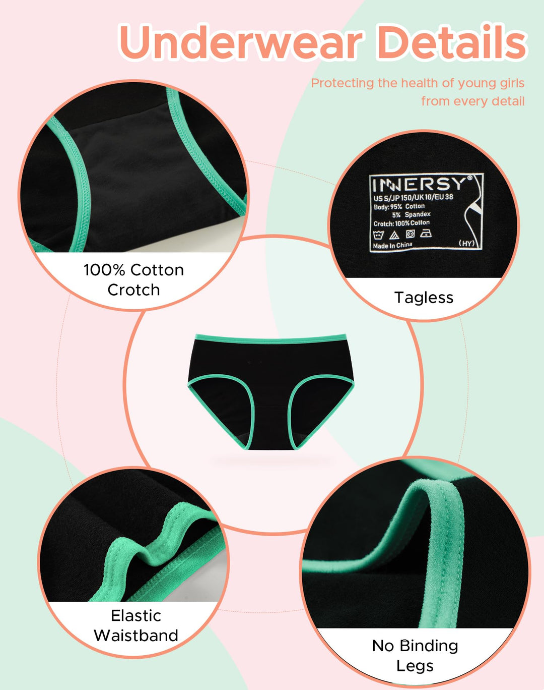Girls Cotton Underwear Teen Comfortable Panties Size 8-16 Briefs 6 Pack(12-14 Years, Black With Neon Hem)