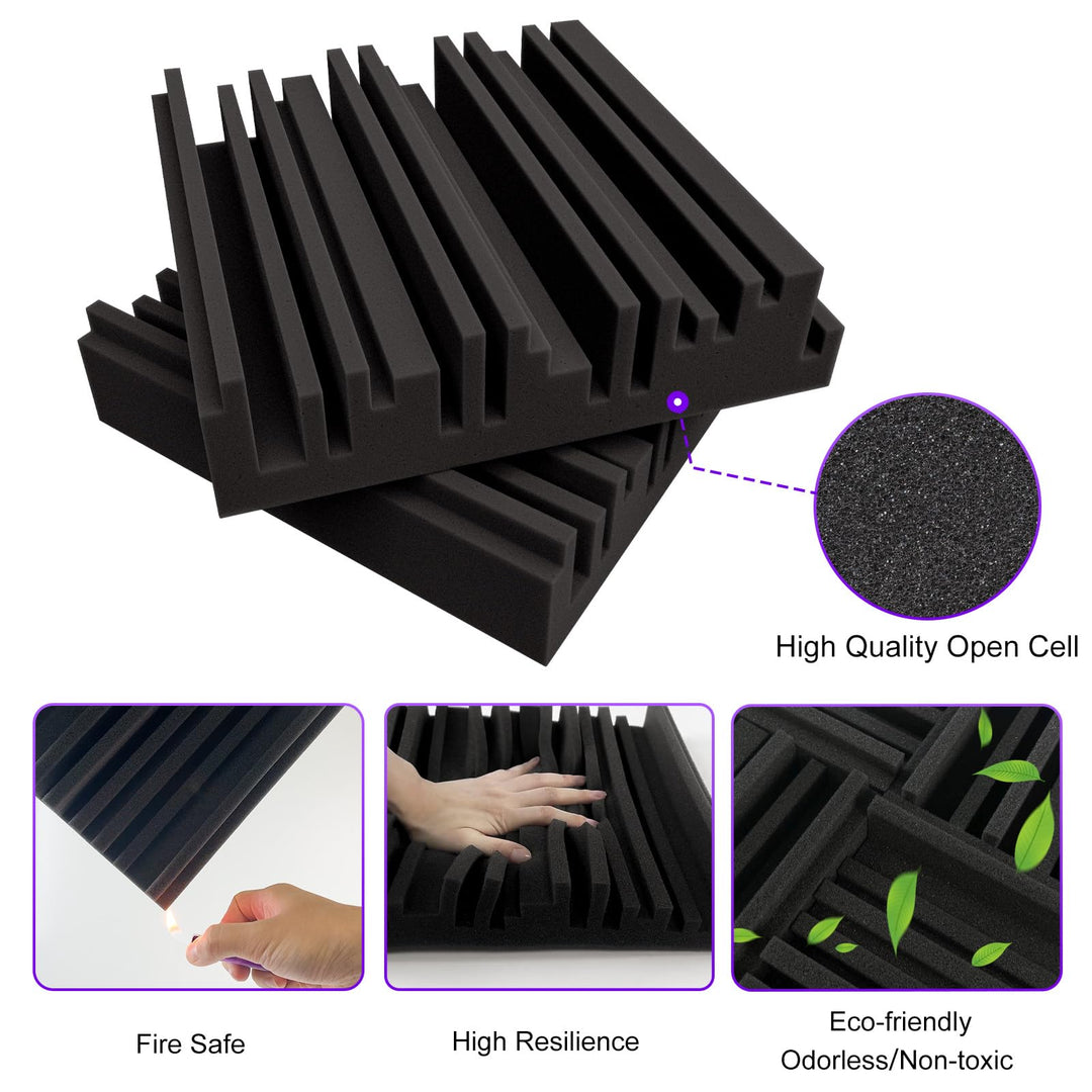 Thick Acoustic Foam Panels, 12 X 12 X 2 Inches 6 Pcs Broadband Sound Absorbing Foam, Dense Soundproof Padding Tile, Recording Studio Foam Absorber, Groove Decorative 3D Wall Ceiling Panel
