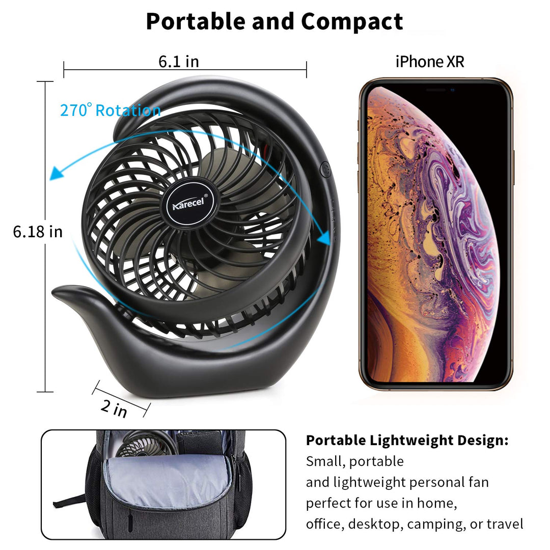 Rechargeable Battery Operated Fan, Portable 3 Speeds USB Desk Fan, 3600mAh Long Life Power, 180 Degree Rotating for Office, Travel, Camping - Blue