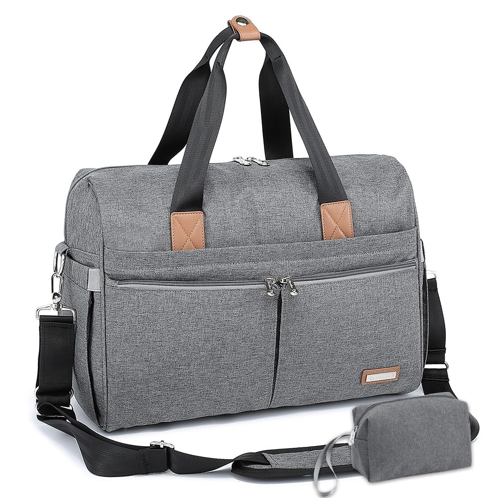 Diaper Bag Tote, Hospital Bags for Labor and Delivery, Multifunction Large Travel Weekender Overnight Bag for Mom and Dad, Convertible Baby Bag for Boy and Girls Gray