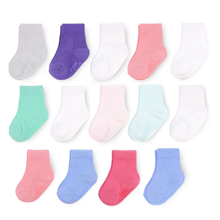 Baby 14-Pack Grow &amp; Fit Flex Zones Cotton Stretch Socks - Unisex, Girls, Boys (0-6 Months, Pink)