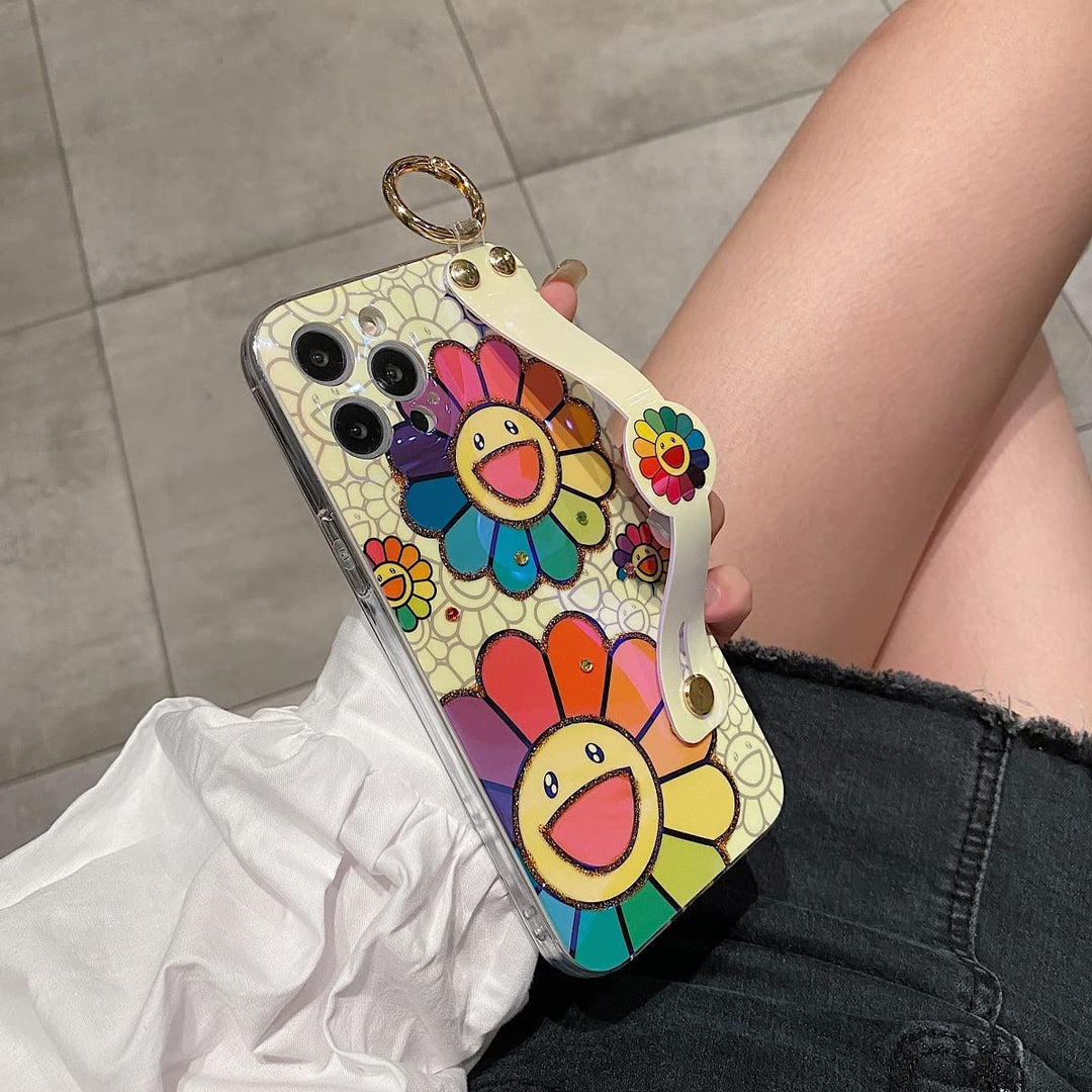 for iPhone 13 Pro Case Cute with Wrist Strap Kickstand Glitter Bling Cartoon IMD Soft TPU Shockproof Protective Cases Cover for Girls and Women - Sunflower
