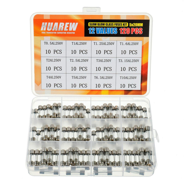 12 Values 120 Pcs 5x20 mm Slow Blow Glass Fuse 0.2 x0.78 Inch 250 V Volt T0.5 T1 T1.25 T1.6 T2 T2.5 T3 T3.15 T4 T5 T6.3 T10 A amp Assortment Kit