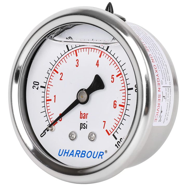 UHARBOUR Glycerin Filled Pressure Gauge 100psi/7bar, Stainless Steel case, Brass Inside Construction, 2-1/2 dial, 1/4NPT Back Connection.…