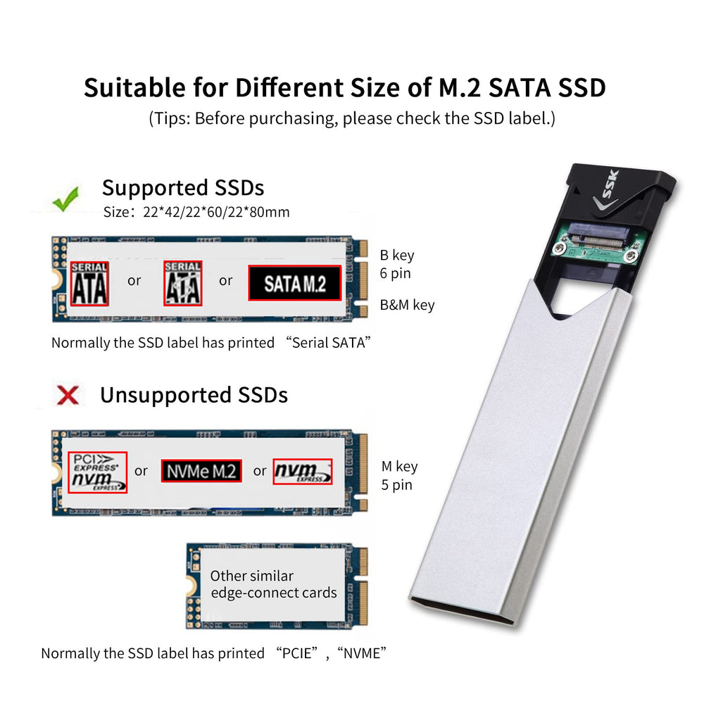 SSK Aluminum USB 3.2 Gen 1 to M.2 SATA NGFF SSD Enclosu