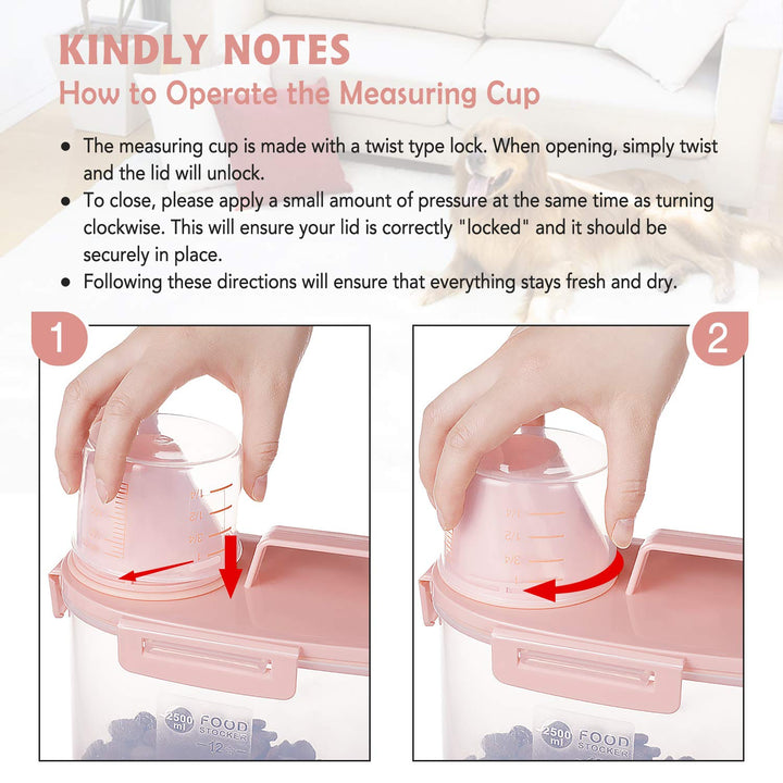 Pet Food Storage Container, Airtight Cat Food Container with Measuring Cup, Small Dog Food Storage Container with Scoop, 4 Seal Buckles Food Dispenser for Regular Food, Dog, Cat, Bird (Pink)