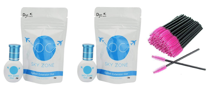 2 Pack Eyelash Extension Glue Sky Zone 5 ml/Volume and Classic lashes/1-2 Sec Drying time/Retention 7 Weeks/Latex Free/Mink/Silk/Low Fumes and Mascara Brush 50pcs