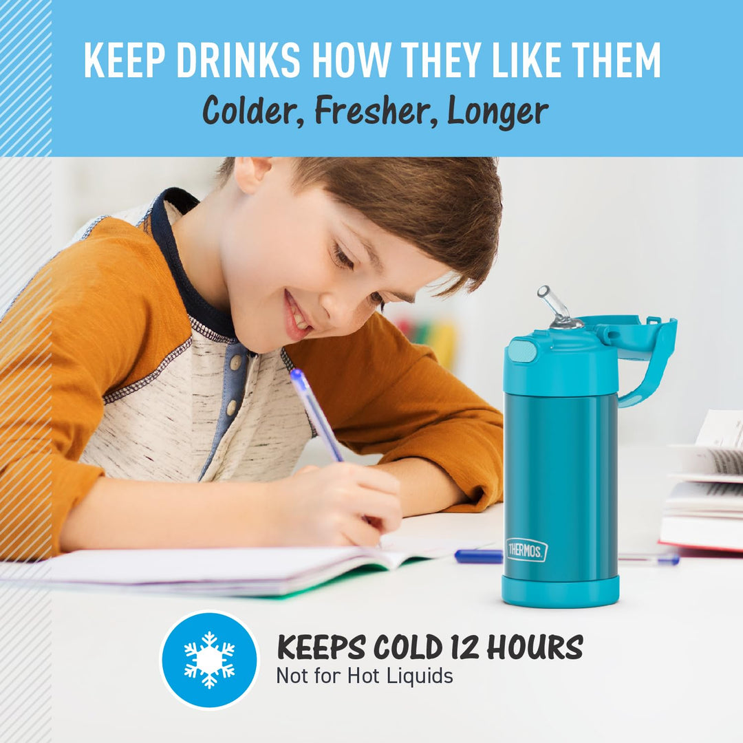 FUNTAINER Water Bottle with Straw - 12 Ounce, Teal - Kids Stainless Steel Vacuum Insulated Water Bottle with Lid