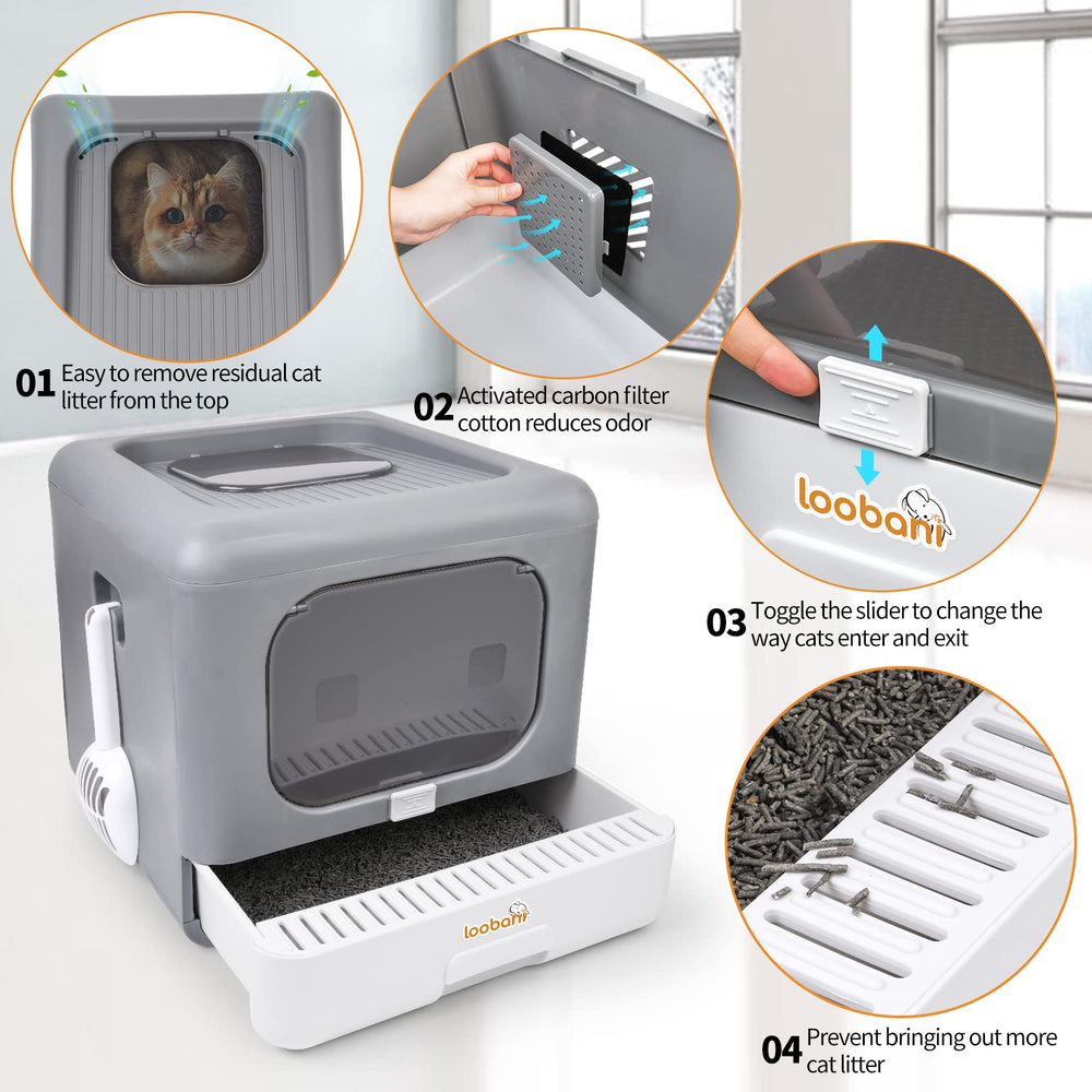 Foldable Cat Litter Box with Lid,Enclosed and Covered Litter Box to Prevent Smell, Anti-Splashing Kitty Potty with Scoop and Mat for Easy Clean, Large Top Entry Cat Toilet with Drawer (Grey)