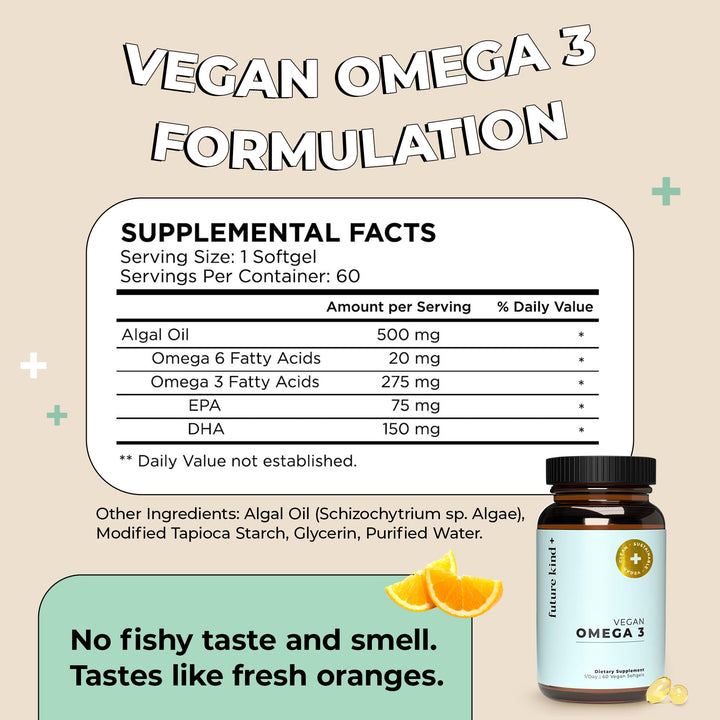 Vegan Omega 3 Supplement - Glass Bottle, Carrageenan-Free Algae, DHA &amp; EPA for Joint &amp; Mood Support - 2 Month Supply for Kids &amp; Adults