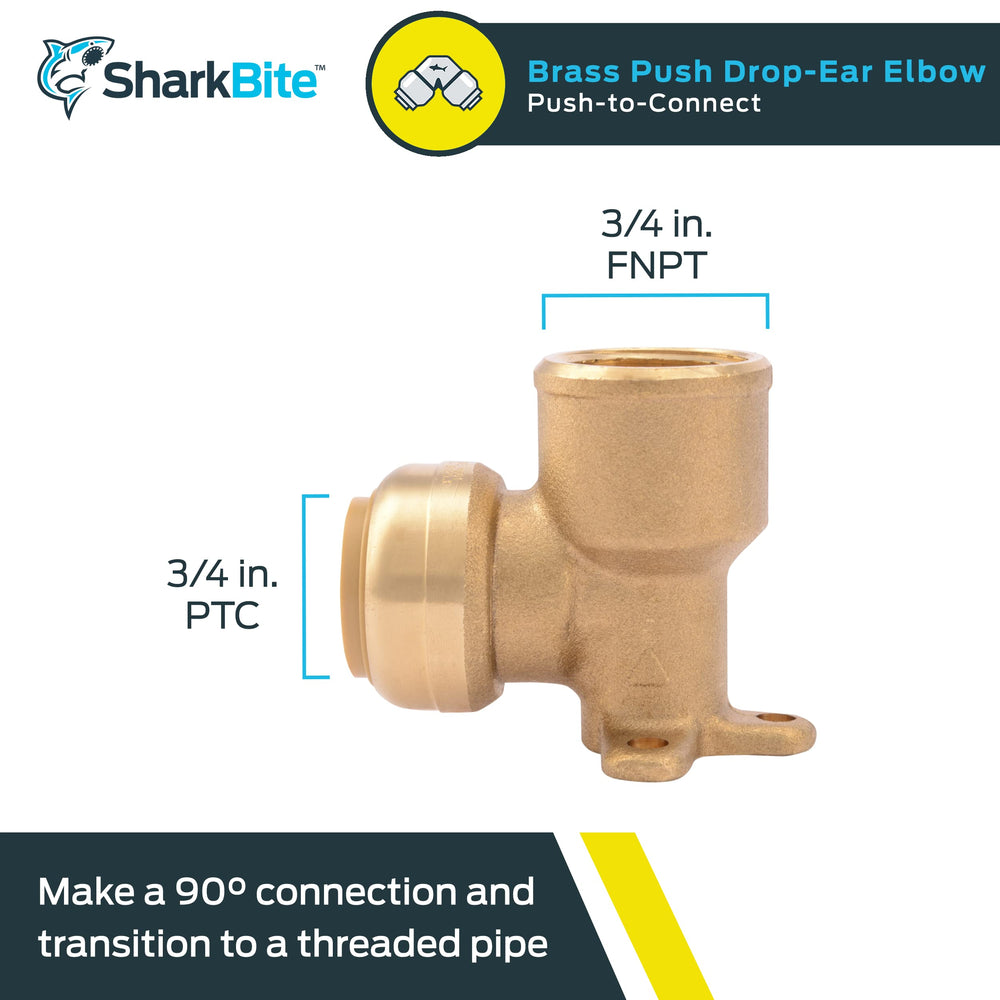 SharkBite 3/4 Inch x 3/4 Inch Drop Ear Elbow, FNPT, Pus