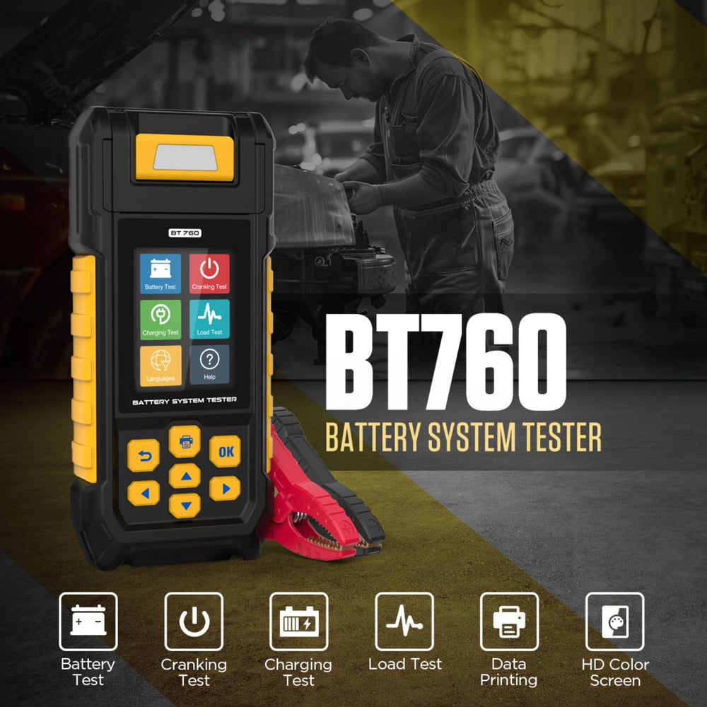 Battery System Testers BT760 Battery Analyzer 30-2000 CCA Battery/Load/Charging/Cranking Test for 8-32V Vehicles HD Vans Trucks Motorcycles Built-in Printer with 3 Rolls Printer Paper 14 Languages