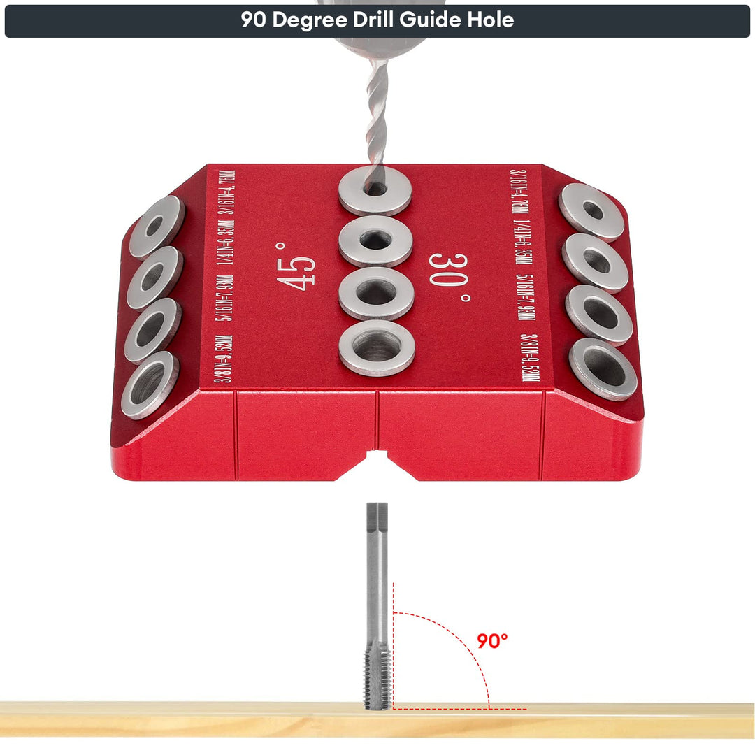 30 45 90 Degree Angle 4 Sizes Drill Hole Guide Jig for Angled and Straight Hole, Portable Deck Cable Railing Lag Screw Drilling Template Block For Horizontal Cable Wood Post,Stair Wire Handrail