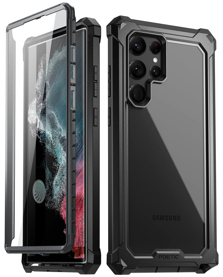 Guardian Case Compatible with Galaxy S22 Ultra 5G 6.8 inch, Built-in Screen Protector Work with Fingerprint ID, Full Body Hybrid Shockproof Protective Rugged Clear Cover Case, Black/Clear