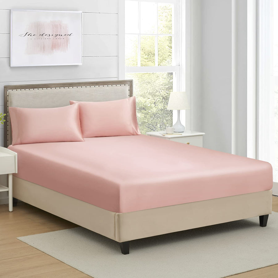 King Silk Satin Fitted Sheet, Soft Deep Pocket Single Bottom Bed Sheets Sold Separately, Wrinkle Free, Non- Fading, Breathable, Fully Elasticized(King Size, Blush)
