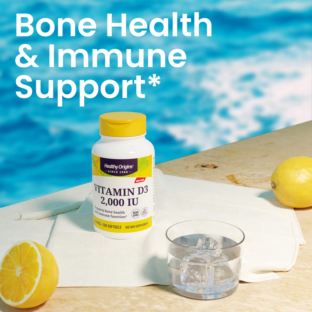 Healthy Origins Vitamin D3 (Lanolin) 2,000 IU Softgel - Bone Health and Immune Support Supplement - Easily Absorbable Vitamin D Supplements - Gluten-Free Vitamin D3 Supplement - 360 Softgels