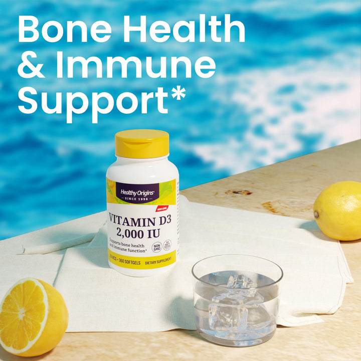 Healthy Origins Vitamin D3 (Lanolin) 2,000 IU Softgel - Bone Health and Immune Support Supplement - Easily Absorbable Vitamin D Supplements - Gluten-Free Vitamin D3 Supplement - 360 Softgels