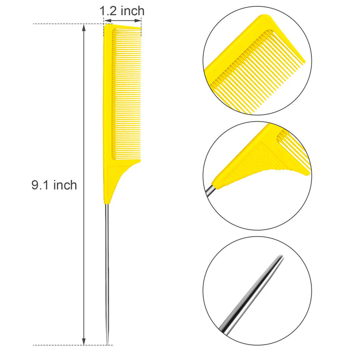 3 Packs Rat Tail Comb Steel Pin Rat Tail Carbon Fiber Heat Resistant Teasing Combs with Stainless Steel Pintail (Yellow, Pink, Green)