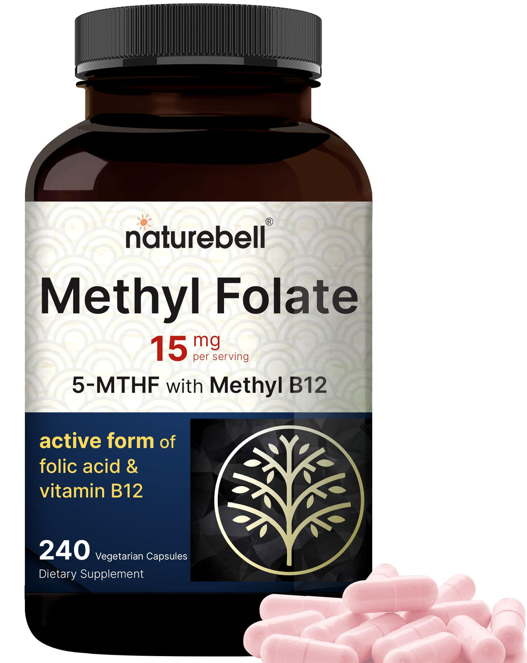 L Methylfolate 15mg, 240 Veggie Capsules | 5-MTHF with Methyl B12 1,000mcg | High Potency Dual Action for Energy &amp; Cognitive Support, Active Folic Acid – Methyl Folate Supplement