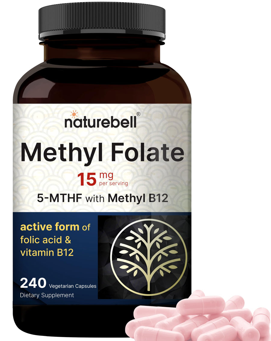 L Methylfolate 15mg, 240 Veggie Capsules | 5-MTHF with Methyl B12 1,000mcg | High Potency Dual Action for Energy & Cognitive Support, Active Folic Acid – Methyl Folate Supplement