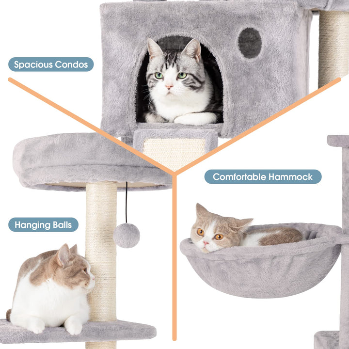 59 Multi-Level Cat Tree Cat Tower for Indoor Cats, Tall Plush Rest Area with Spacious Cat Condos, Scratching Posts with Hammock Basket and Hanging Toy, Cat Furniture with House for Rest &amp; Fun