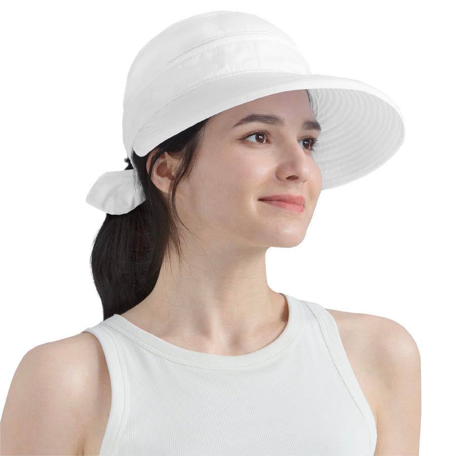 Women Sun Hat for Outdoor UV Protection, Wide Brim Sun Hat Ponytail, Convertible Zip-Off Beach Hat Visor for Golf Gardening Pool Travel, Foldable Summer UPF50+ Visor Hat, White