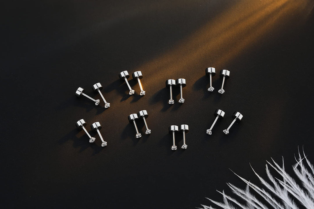 8 Pairs Tiny Flat Back Earrings for Women Men Surgical Stainless Steel Stud Earrings Set Cubic Zirconia Cartilage Earring Hypoallergenic (Silver, 2mm CZ)