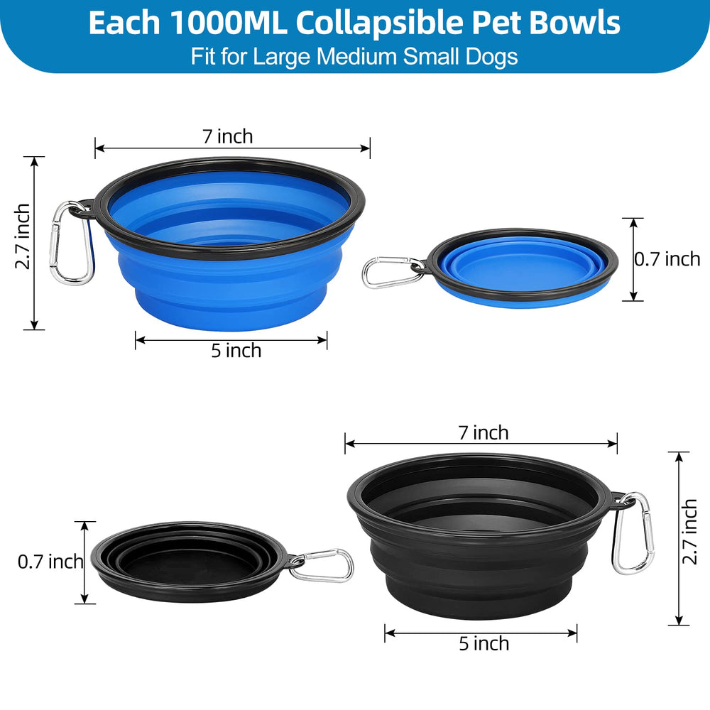 Large Collapsible Dog Bowls 2 Pack, 34oz Foldable Dog Travel Bowl, Portable Pet Water Food Bowl with Clasp, Pet Cat Feeding Cup Dish for Traveling, Walking, Hiking (Black+Blue)
