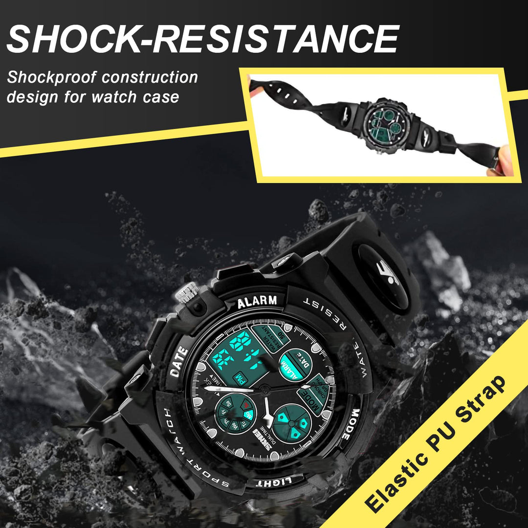 Kids Sports Watch Waterproof Boys Multi-Function Analog Digital Wristwatch LED Alarm Stopwatch Black