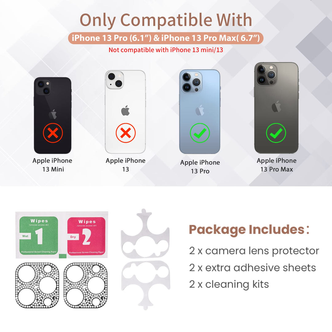 [2 Pack] Bling Camera Lens Protector Compatible with iPhone 13 Pro Max &amp; 13 Pro Glitter Diamond Metal Lens Protective Decoration Cover Accessories for 13 Pro / 13 Pro Max Silver+Rose Gold