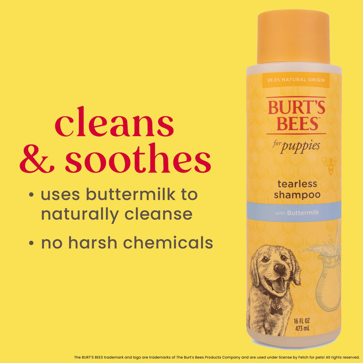 Burt&#39;s Bees for Pets Tearless Puppy Shampoo with Buttermilk, 95% Natural Origin Formulas, Shampoo for Puppies - Gentle Dog and Puppy Shampoo Tear Free, Best Puppy Shampoo Tearless, 16 oz