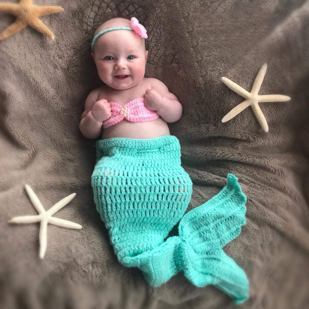 M&amp;G House Newborn Photography Prop Mermaid Outfit Baby Photo Props Handmade Crochet Mermaid Tail Outfit Baby Mermaid Costume Set Headband Bra Tail