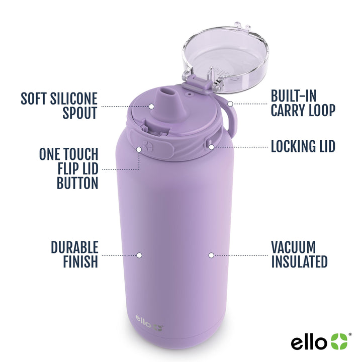 Cooper 22oz Stainless Steel Water Bottle with Straw and Carry Handle, Double Walled and Vacuum Insulated Metal, Leak Proof Locking Lid with Soft Silicone Spout, Reusable, BPA Free, Lilac