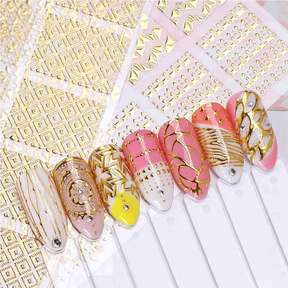 16Sheets 3D Gold Metallic Nail Art Stickers Decals Self-ahesive Geometric Texture Line Mixed Design DIY Decoration Accessories Manicure Tools