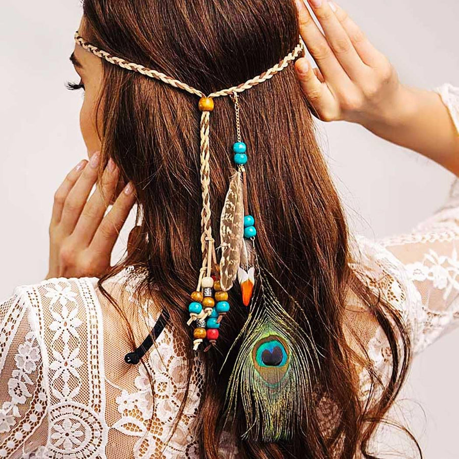 Indian Peacock Feather Headbands Boho Princess Head Chain Bule Adjust Headdress Handmade Rope Hair Accessories for Women and Girls (G)