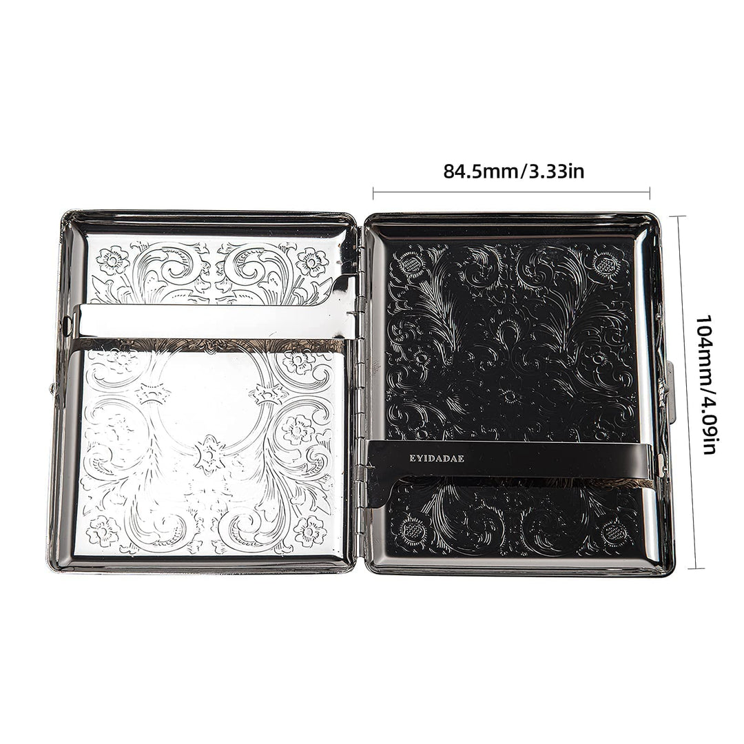 Metal Cigarette Case - Women and Men, Portable Double Sided Spring Clip Cigarette Case, Holds 20 Regular Size Cigarettes, Fits 100mm Cigarettes (Pattern Silver)