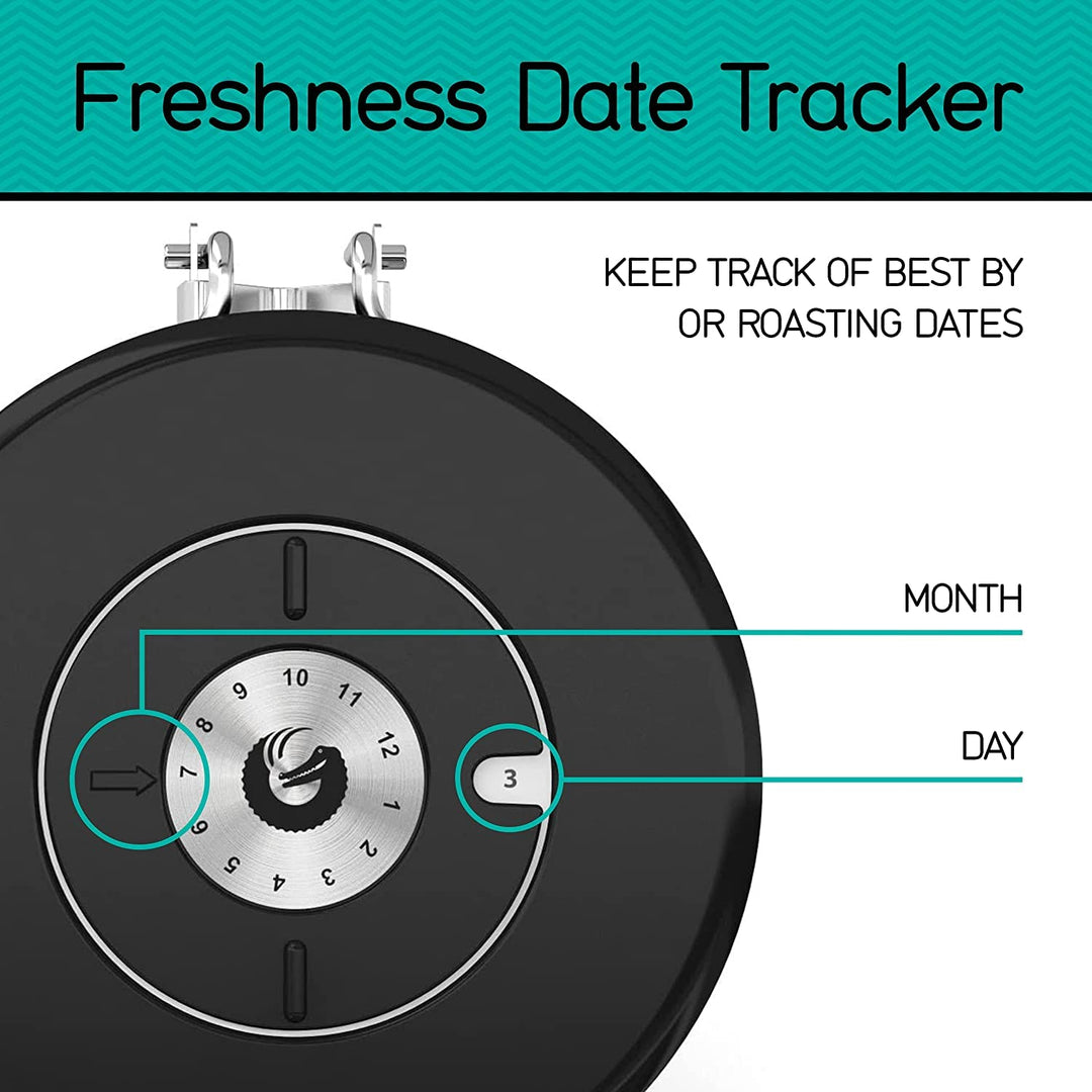 Stainless Steel Coffee Grounds and Beans Container Canister with Date-Tracker, CO2-Release Valve and Measuring Scoop - Large, 22oz, Gray