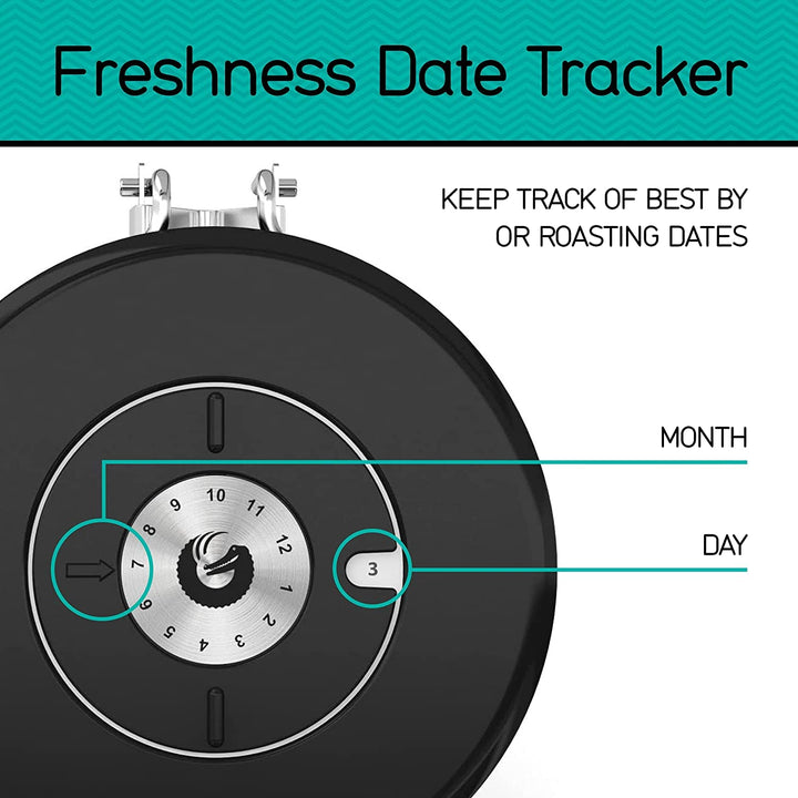 Stainless Steel Coffee Grounds and Beans Container Canister with Date-Tracker, CO2-Release Valve and Measuring Scoop - Large, 22oz, Gray