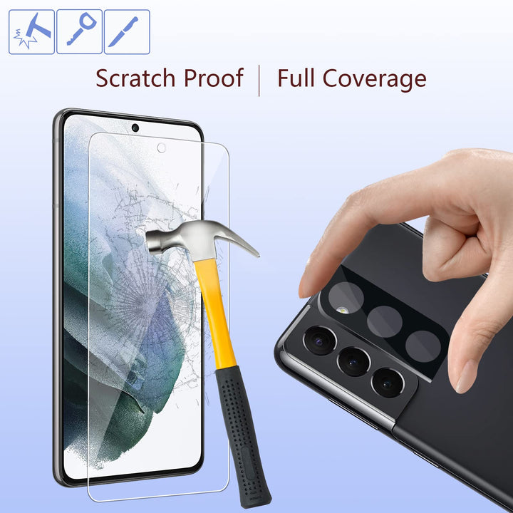[2+2 PACK] Glass Screen Protector and Camera Lens Protector for Samsung Galaxy S21 FE 5G(2022)(NOT for S21) with Easy Installation Tray Tempered Glass, 0.33mm, Anti Scratch, Bubble Free