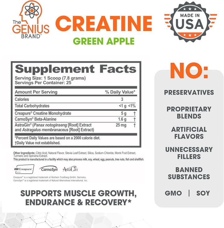 Genius Micronized Creatine Monohydrate Powder, Post Workout Supplement, Green Apple - 100% Naturally Flavored &amp; Sweetened - Supports Muscle Building, Cellular Energy &amp; Cognitive Function – 195g
