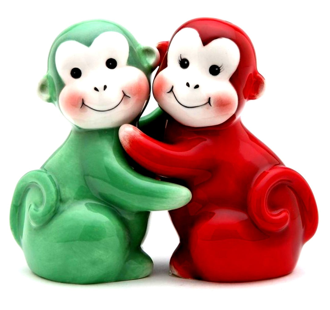 2.13 Inch Red and Green Happy Hugging Monkey Salt and Pepper Shakers
