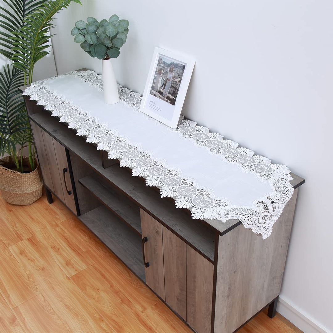 Table Runner Handmade Crochet Lace Flower Table Runner, Decor for Bridal Shower Wedding Party Decorations Long Dinner Tables, White (15.7 x 70 Inch)