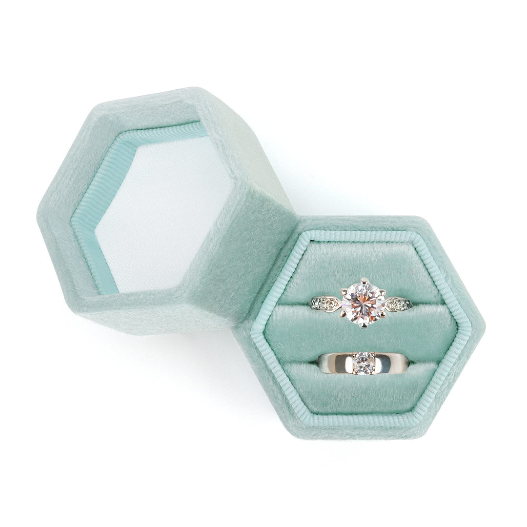 Hexagon Velvet Ring Box - Premium Gorgeous Vintage Double Ring Display Holder with Detachable Lid for Proposal, Engagement, Wedding, Ceremony (Mint green)