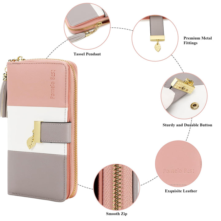 RFID Wallets for Women with Multiple Card Slots and Cellphone Compartment, Womens Wallet (pink/white/grey)